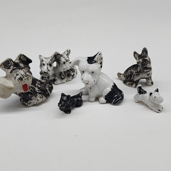 Vintage Ceramic Scottie Dog Figurines Set Of 6 Black & White Miniatures Japan - Picture 1 of 8